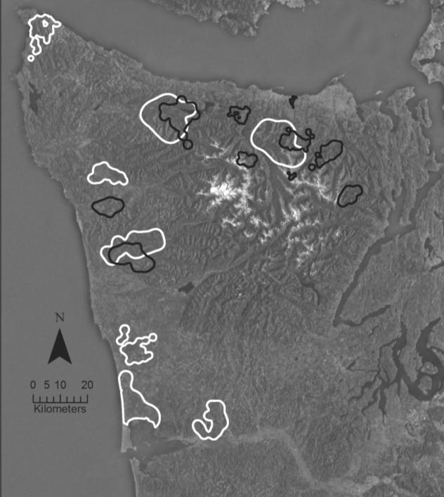Home ranges (95% fixed-kernel contours) of 8 male (white) and 10 female (black) fishers on the Olympic Peninsula from 2008–2012 (not all home ranges are shown).