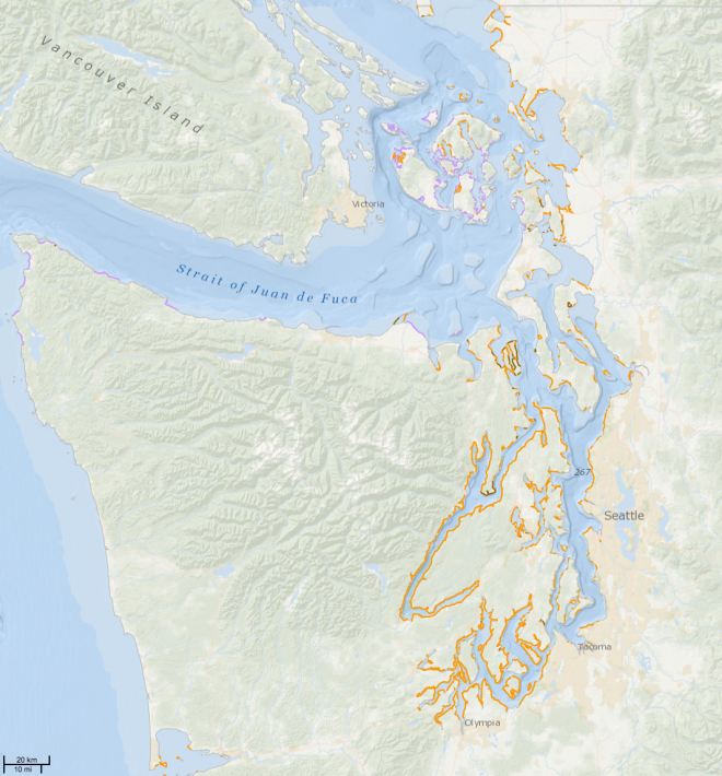 Map showing 17 Washington state shoreline habitats commonly home to eelgrasses. View on ERMA: http://1.usa.gov/1svS2hy