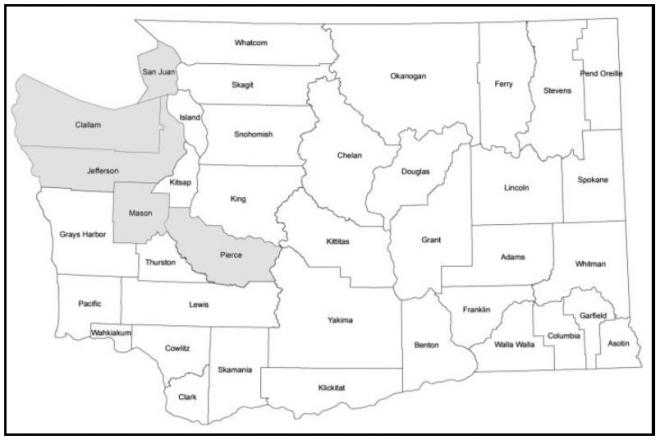 . Five counties in Washington where Keen’s myotis has been recorded (gray shading).