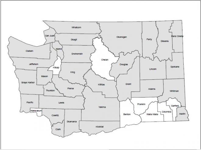 Counties in Washington where Townsend’s big-eared bat have been recorded (gray shading).