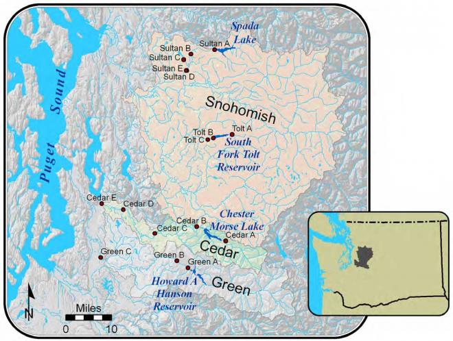 Map of watersheds for the Everett, Seattle, and Tacoma water supply systems.