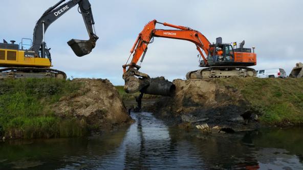 On August, 1, 2016, crews used large excavators to remove a 3,110 foot long marine dike. For the first time in 100 years, ocean water began to flow across 131 acres at Fir Island Farms estuary. Photo: WDFW