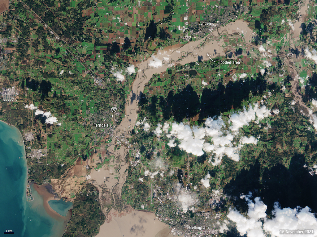 Aerial view of the Nooksack River showing extent of flooding in 2021.