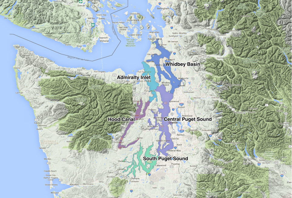 Map showing five Puget Sound marine basins include: Hood Canal, Main Basin (Admiralty Inlet and the Central Basin), South Basin, and Whidbey Basin. Map: Kris Symer. Data source: WDFW.