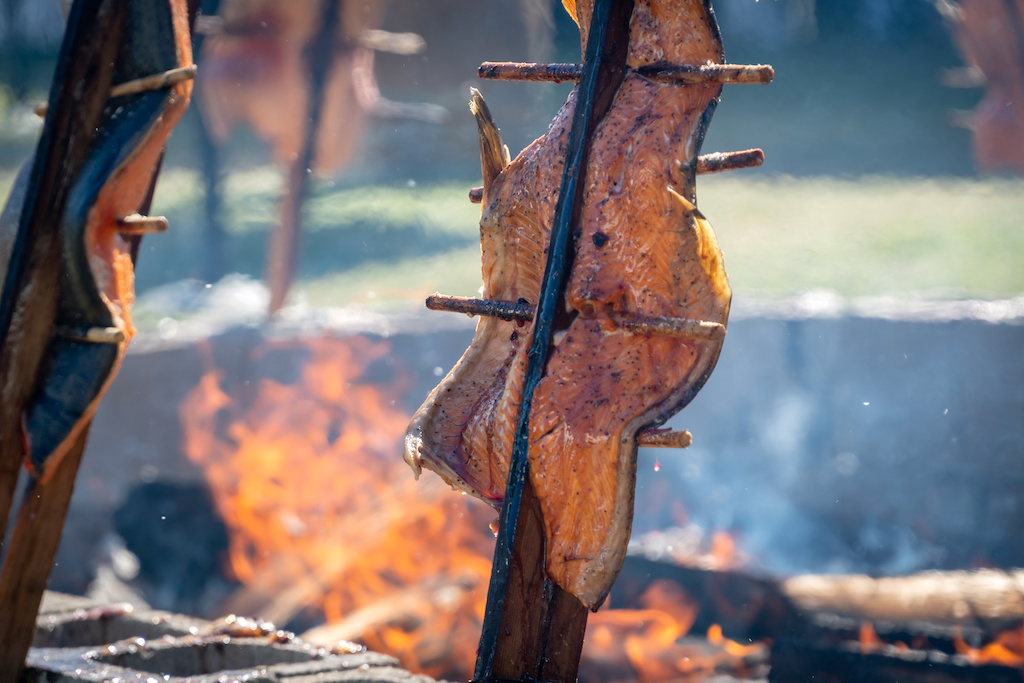 Salmon filets on sticks roasting over an open fire.