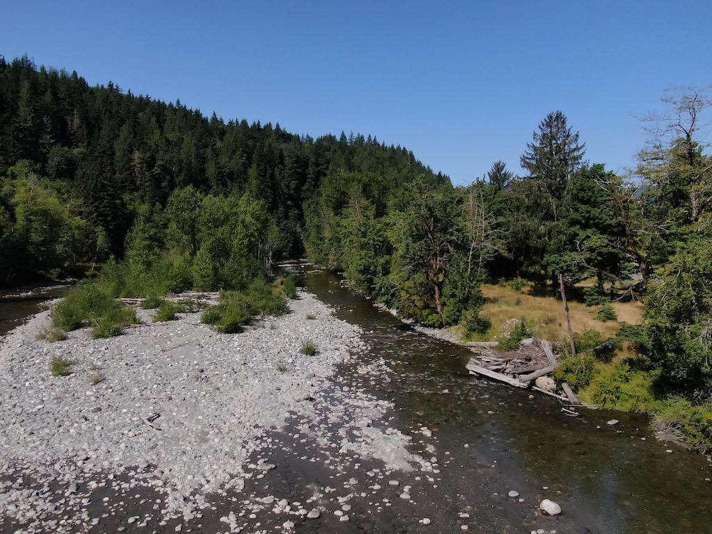 Aerial view of South Fork Nooksack river showing gravel in riverbed