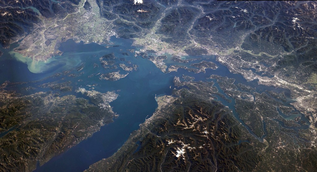 View from space of the Salish Sea and major river valleys that flow into Puget Sound.