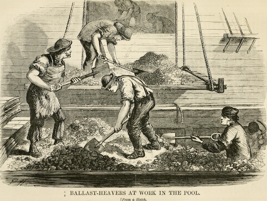 Historical engraving showing ballast-heavers using shovels and tools to move ballast materials in to a ship’s hold.