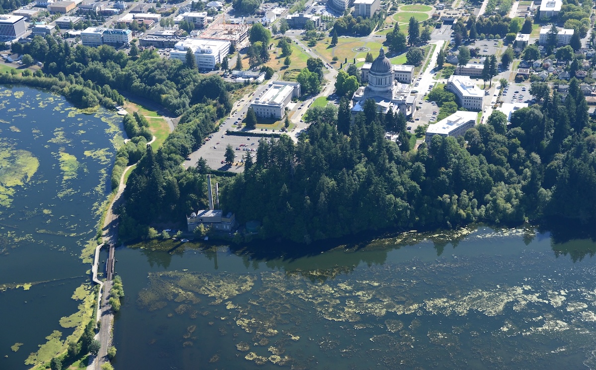 Aerial view of a city with a domed building, bridge on the left, and water with algae patches in the foreground. Dated 7/29/2016.