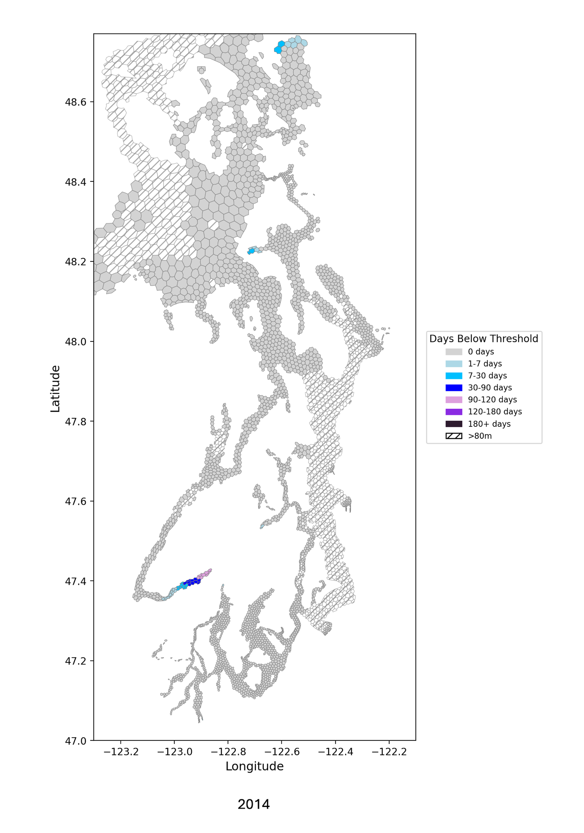 Map of Puget Sound showing days below oxygen threshold for Dungeness crab under reference conditions, with most areas in gray (0 days) and a small light blue area indicating 7-30 days below threshold in the southern region.