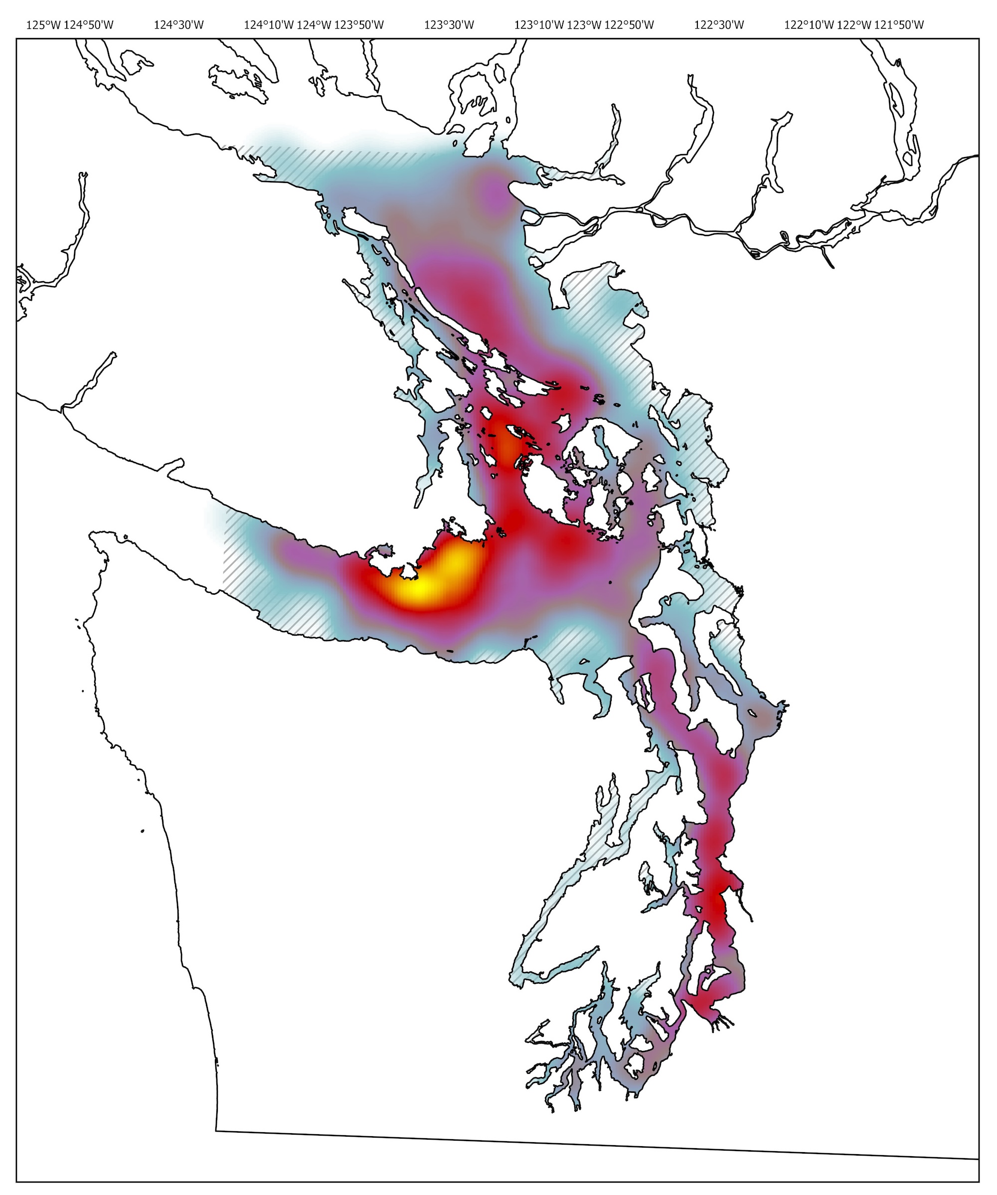 Map showing humpback whale sighting density in Salish Sea, with highest concentrations in red/yellow in central regions.