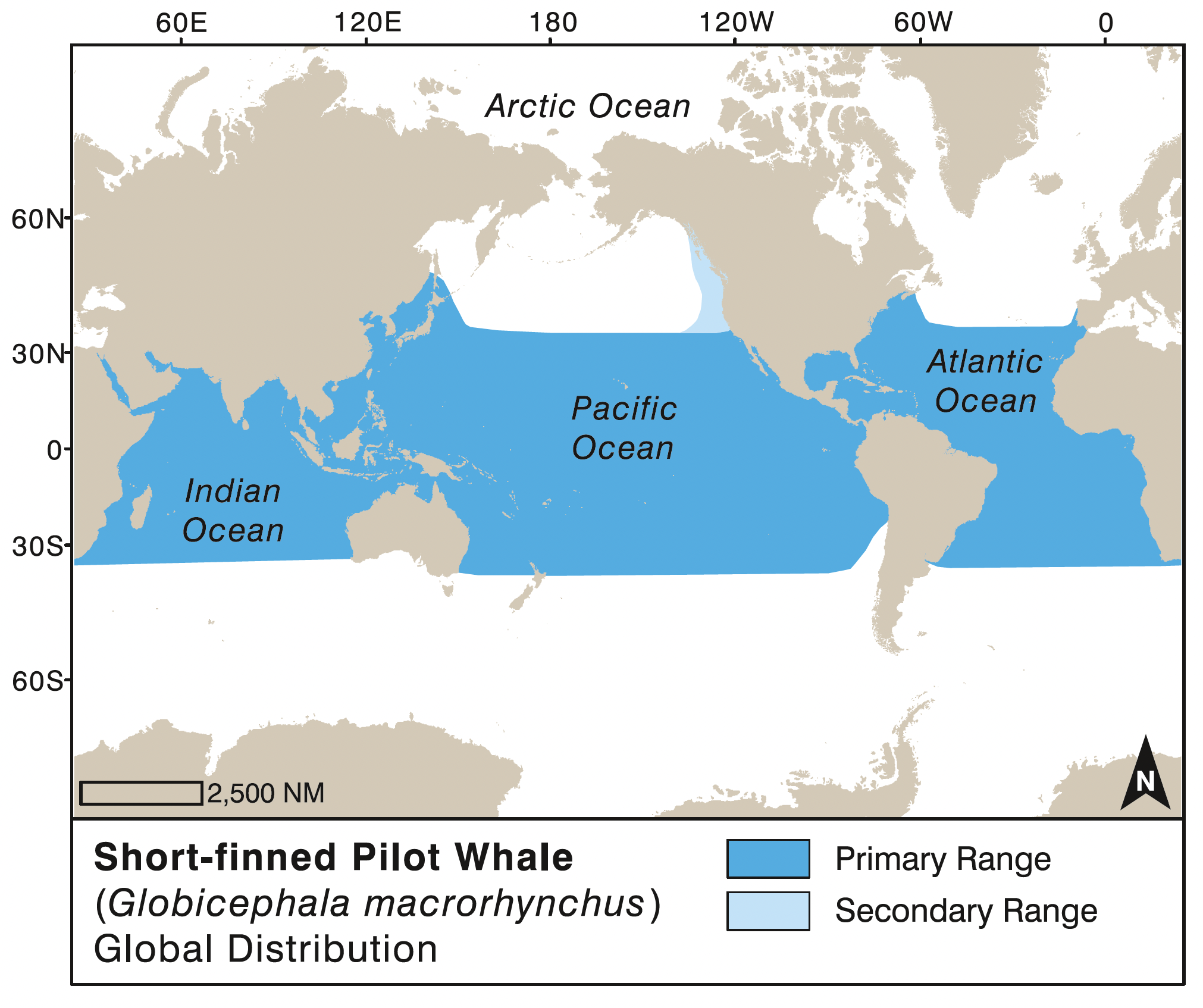 by Nina Lisowski, from Jefferson et al. 2015).  Alt: Map showing global range of the short-finned pilot whale