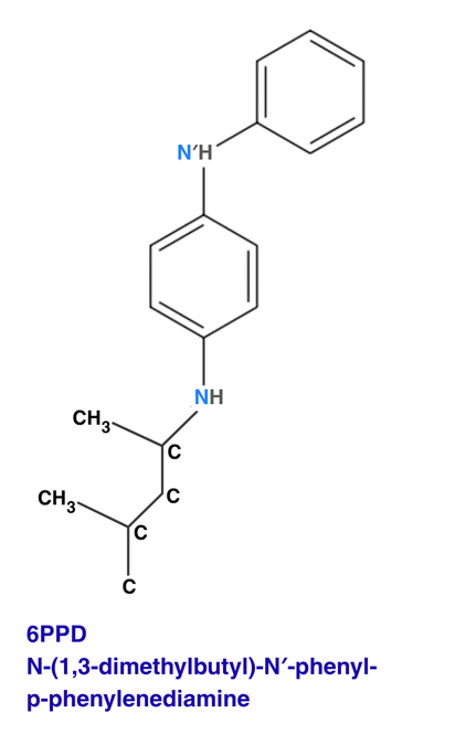 Chemical structure of 6PPD: N-(1,3-dimethylbutyl)-N′-phenyl- p-phenylenediamine