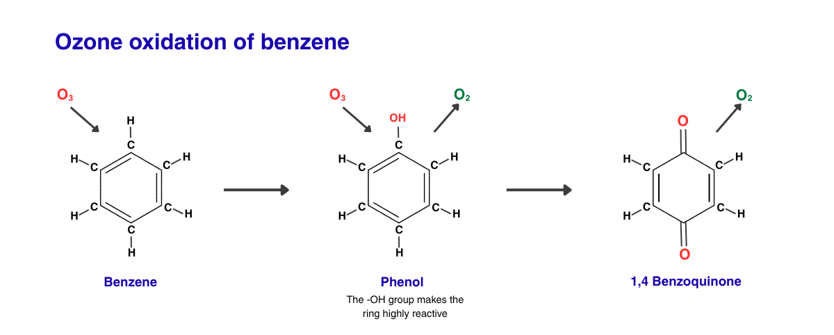 Chemical reaction showing benzene oxidized by ozone to phenol and then to 1,4-benzoquinone with intermediate steps.