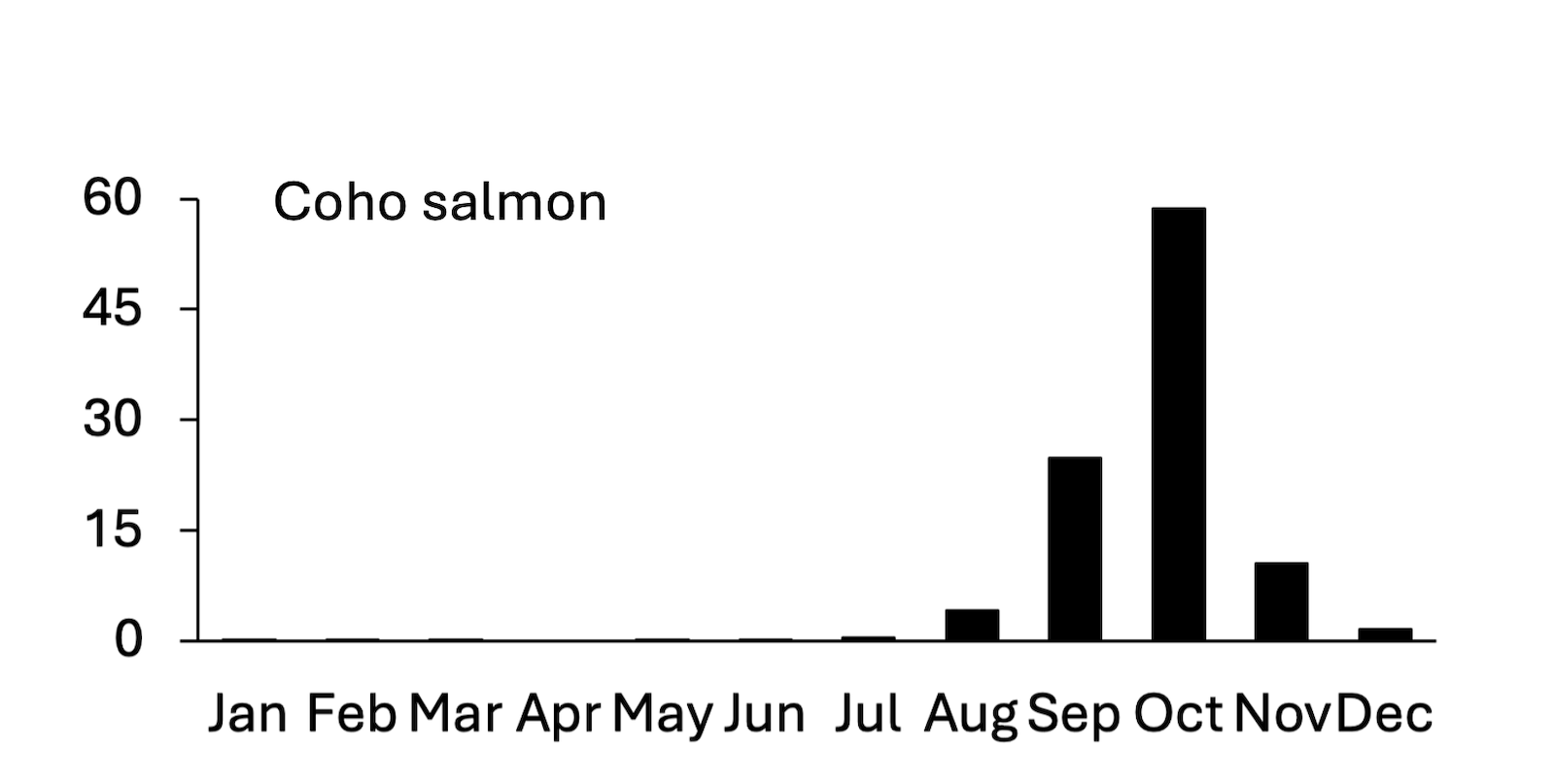 Bar chart showing coho salmon migration peaks in October, with moderate activity in September and November, and minimal numbers in other months.