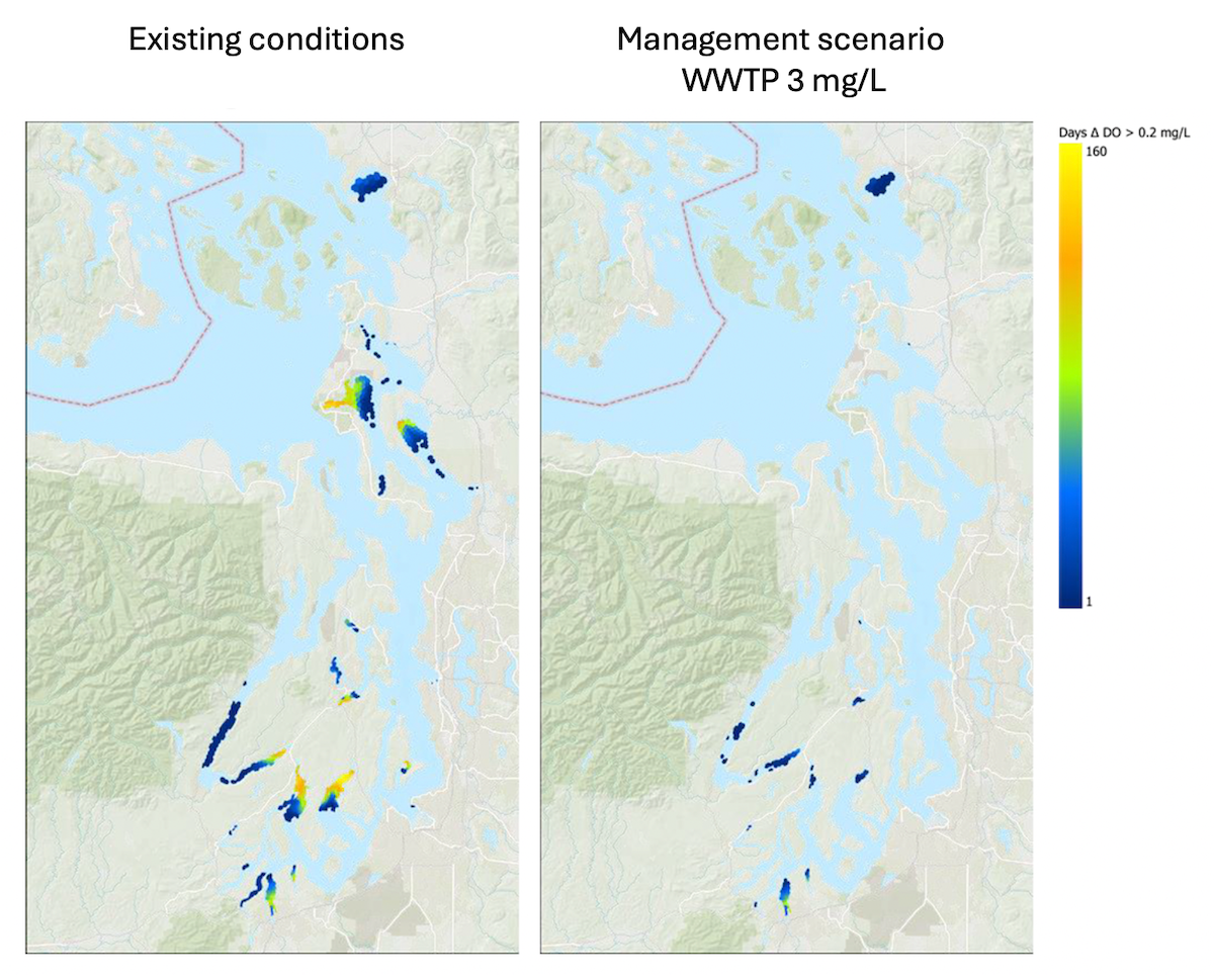 Two side-by-side maps comparing dissolved oxygen levels in Puget Sound under existing conditions (left) and a wastewater treatment plant management scenario (right), with colored areas showing days when dissolved oxygen exceeds 0.2 mg/L.