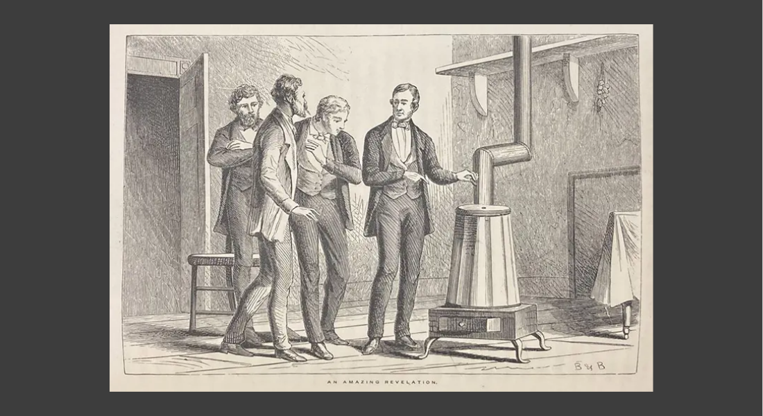Engraving "An Amazing Revelation" showing Charles Goodyear's accidental discovery of vulcanization with rubber, sulfur and hot stove.