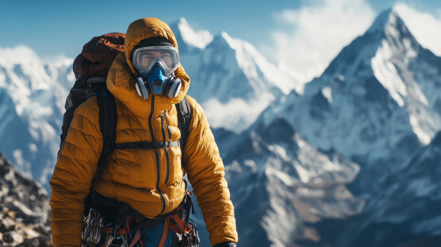 A hiker wearing goggles and oxygen respirator with snow covered mountains in the background.