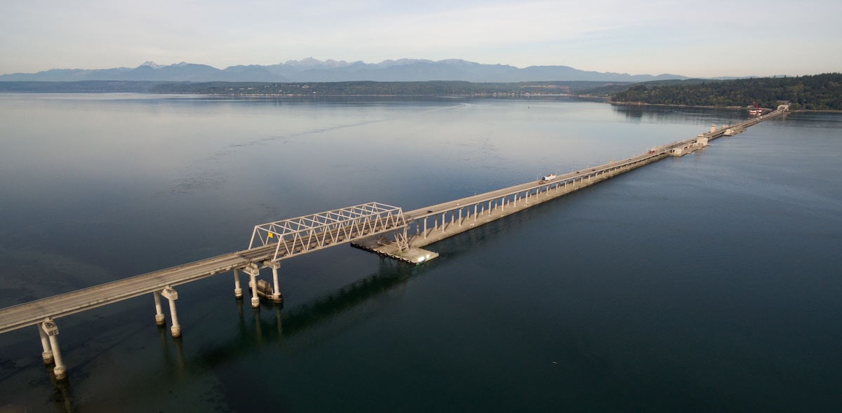 Aerial view of a floating bridge spanning Hood Canal