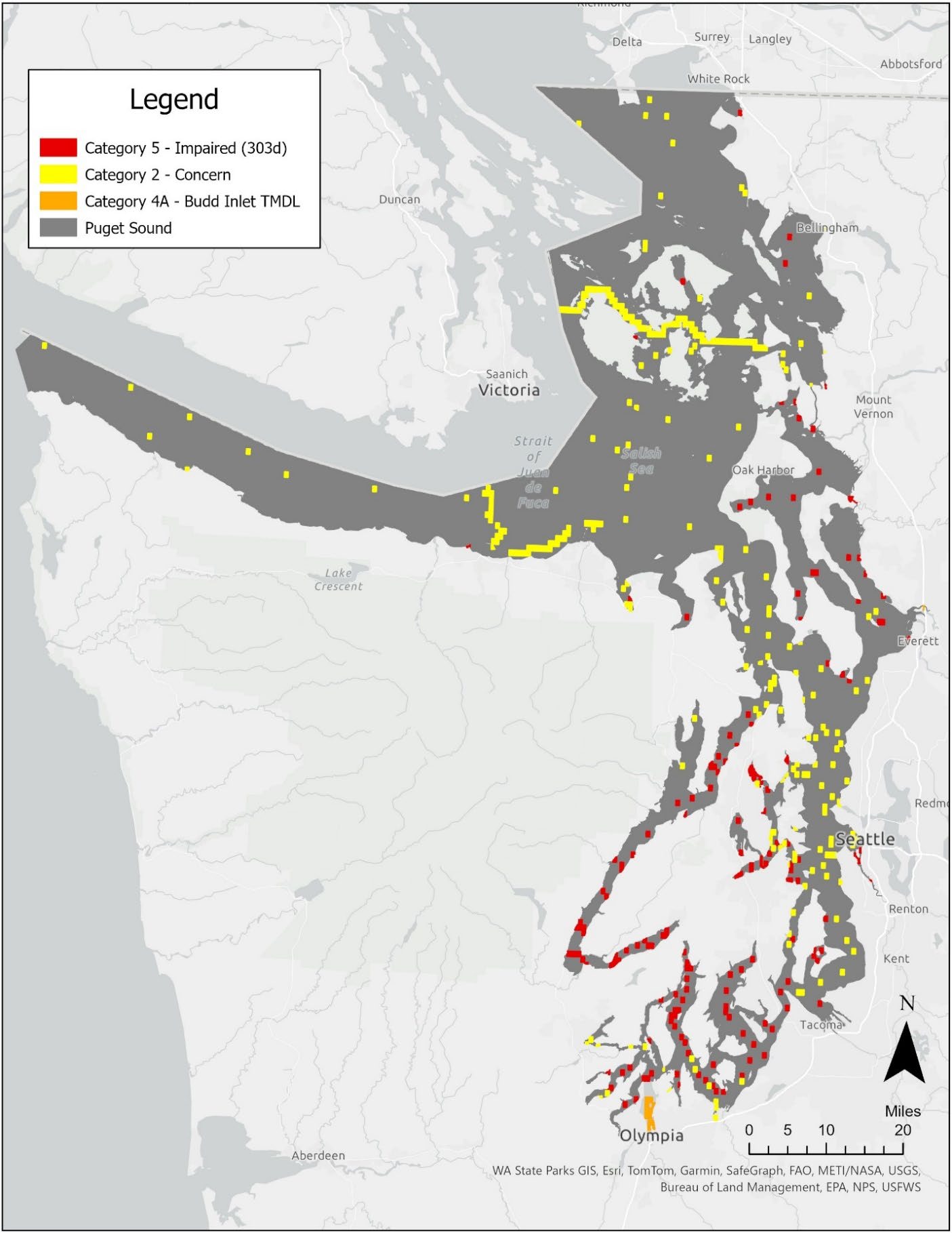 Color-coded map of Puget Sound showing water quality concerns: red for impaired, orange for TMDL zones, yellow for concern, and gray for other areas.