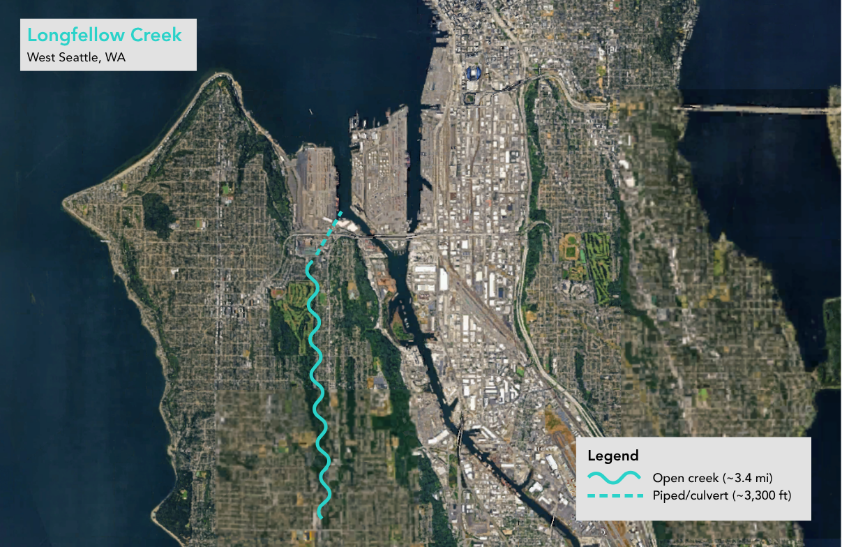 Satelite map of West Seattle with turquoise line indicating approximate location of Longfellow Creek.