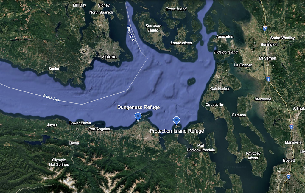 Satellite map of Puget Sound region showing Dungeness Refuge and Protection Island Refuge locations marked with blue pins. Map includes surrounding cities, islands, and waterways in Washington State and southern British Columbia