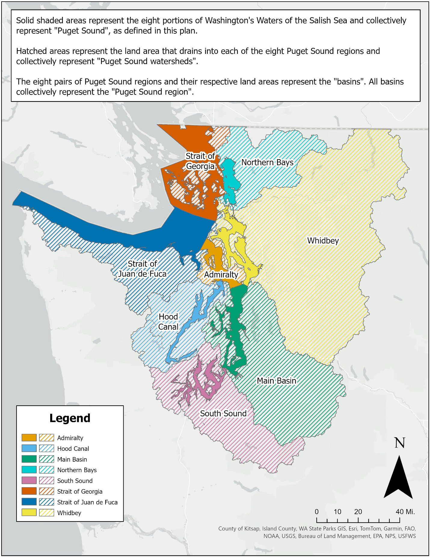 Map showing eight basins that drain into Puget Sound, each indicated by shading and hatch marks.