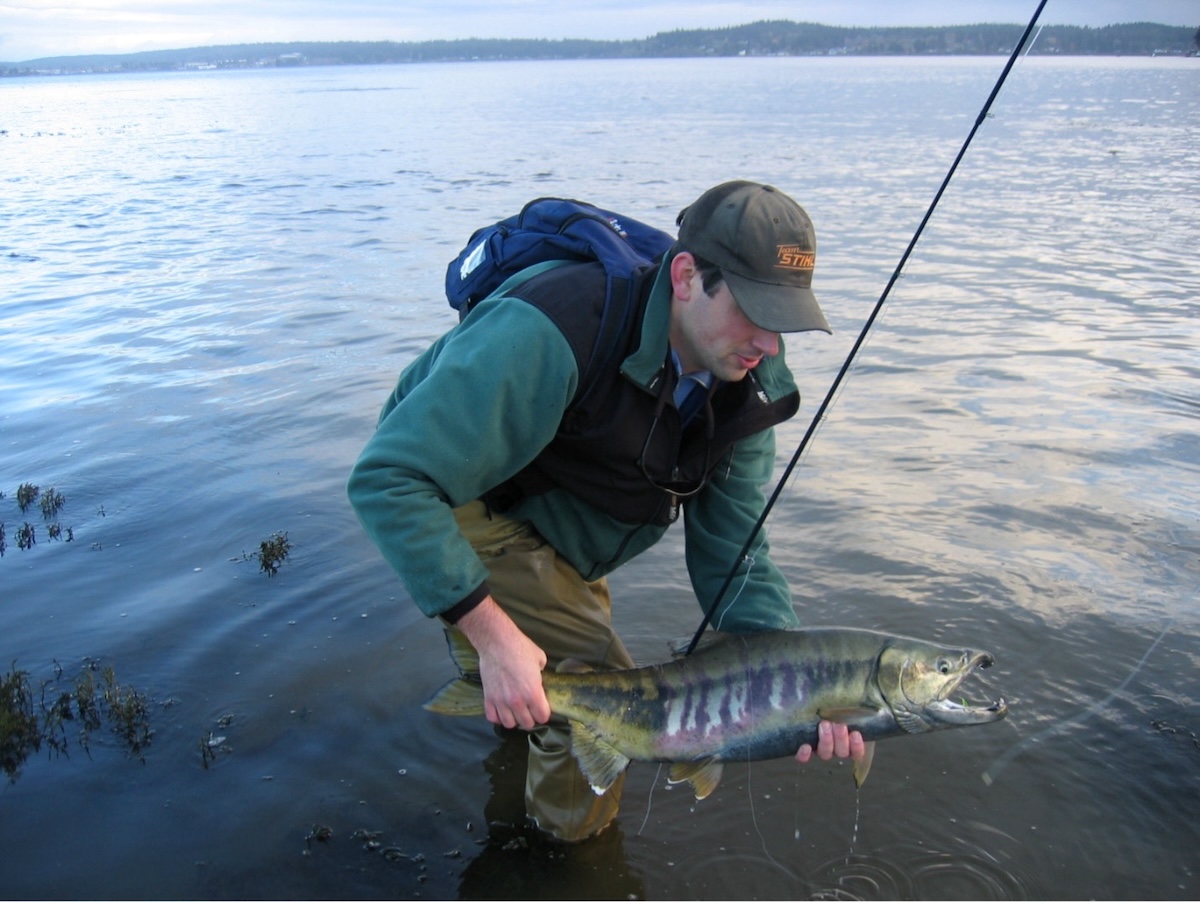A man standing in water holding a large fish with vertical markings.