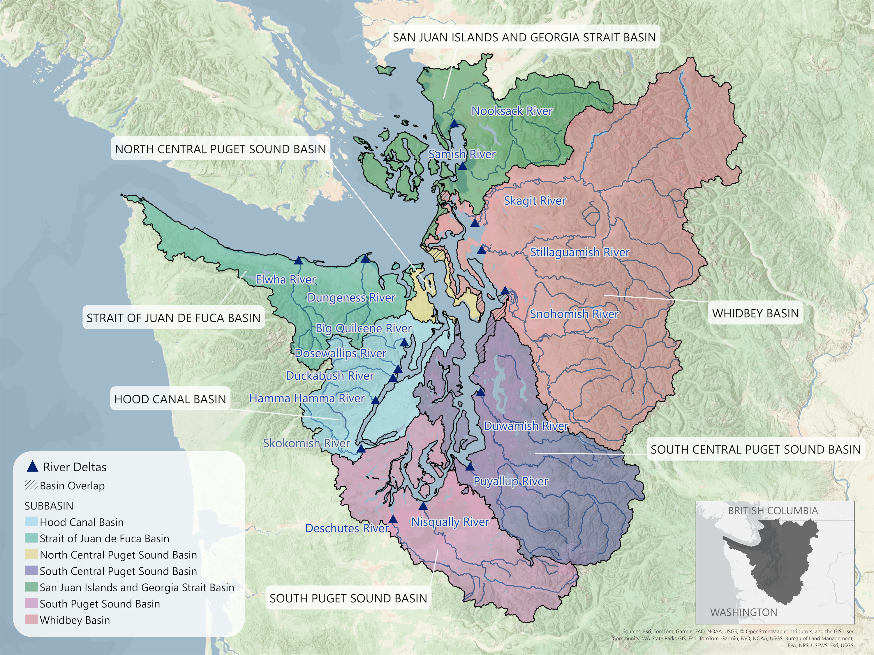 Map of the Puget Sound region showing seven color-coded subbasins with major cities and major river deltas.