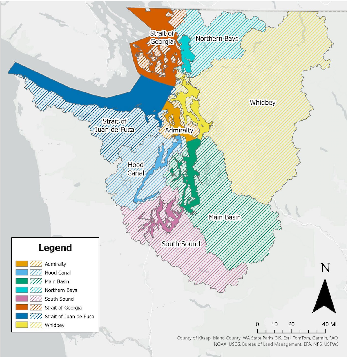 Color-coded map showing eight Puget Sound basins and two straits in WA, with a legend, scale bar, and north arrow for orientation.
