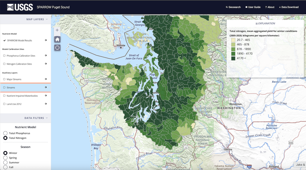 Screenshot of USGS SPARROW mapping tool with darker shading indicating higher winter nitrogen loads