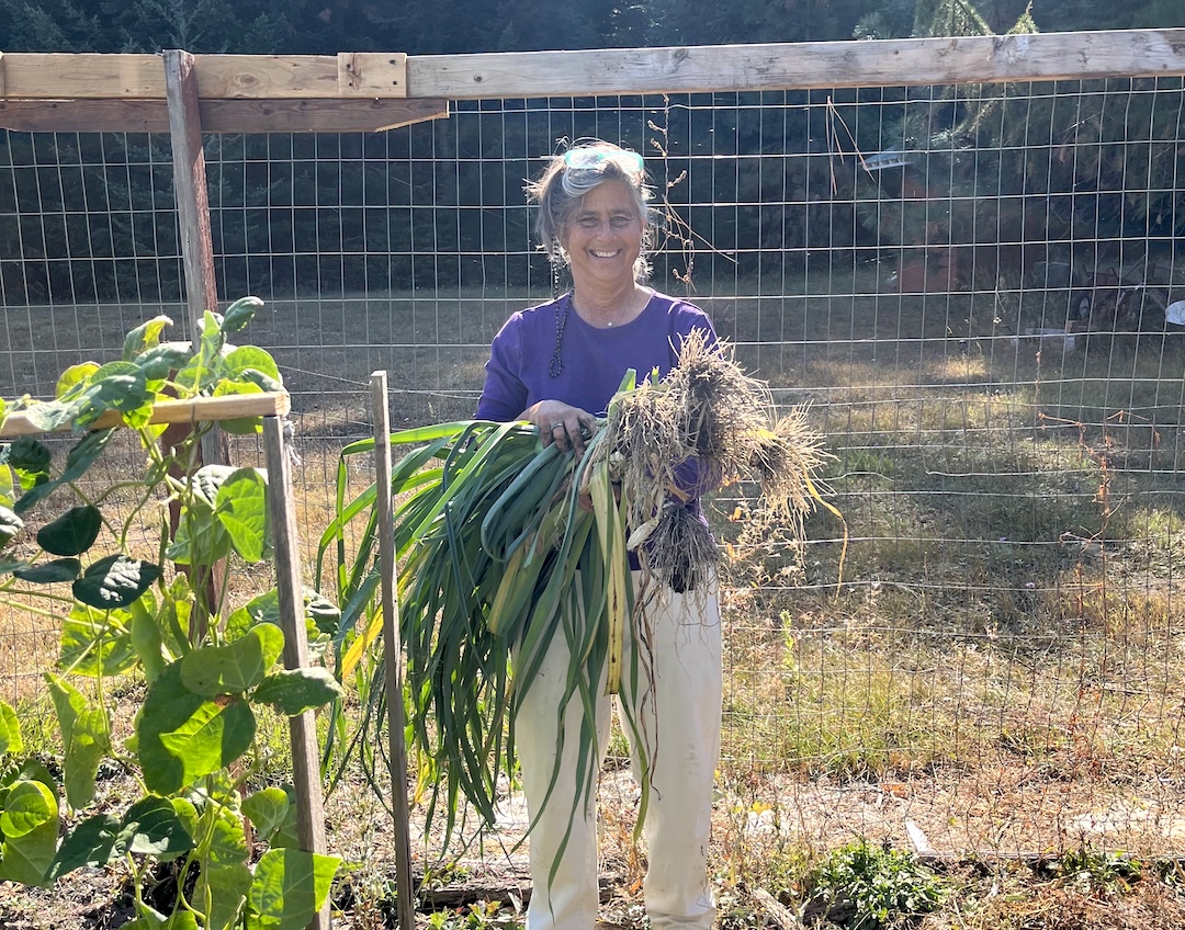 A woman standing in a garden with an armload of freshly harvested leeks.