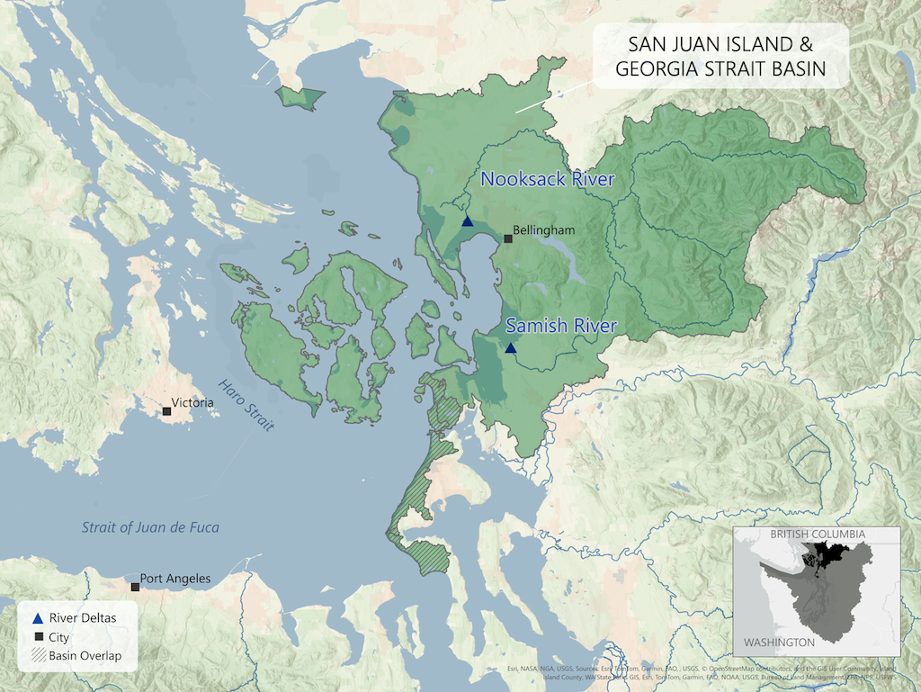 Map of San Juan Island and Georgia Strait Basin showing Nooksack and Samish River deltas near Bellingham