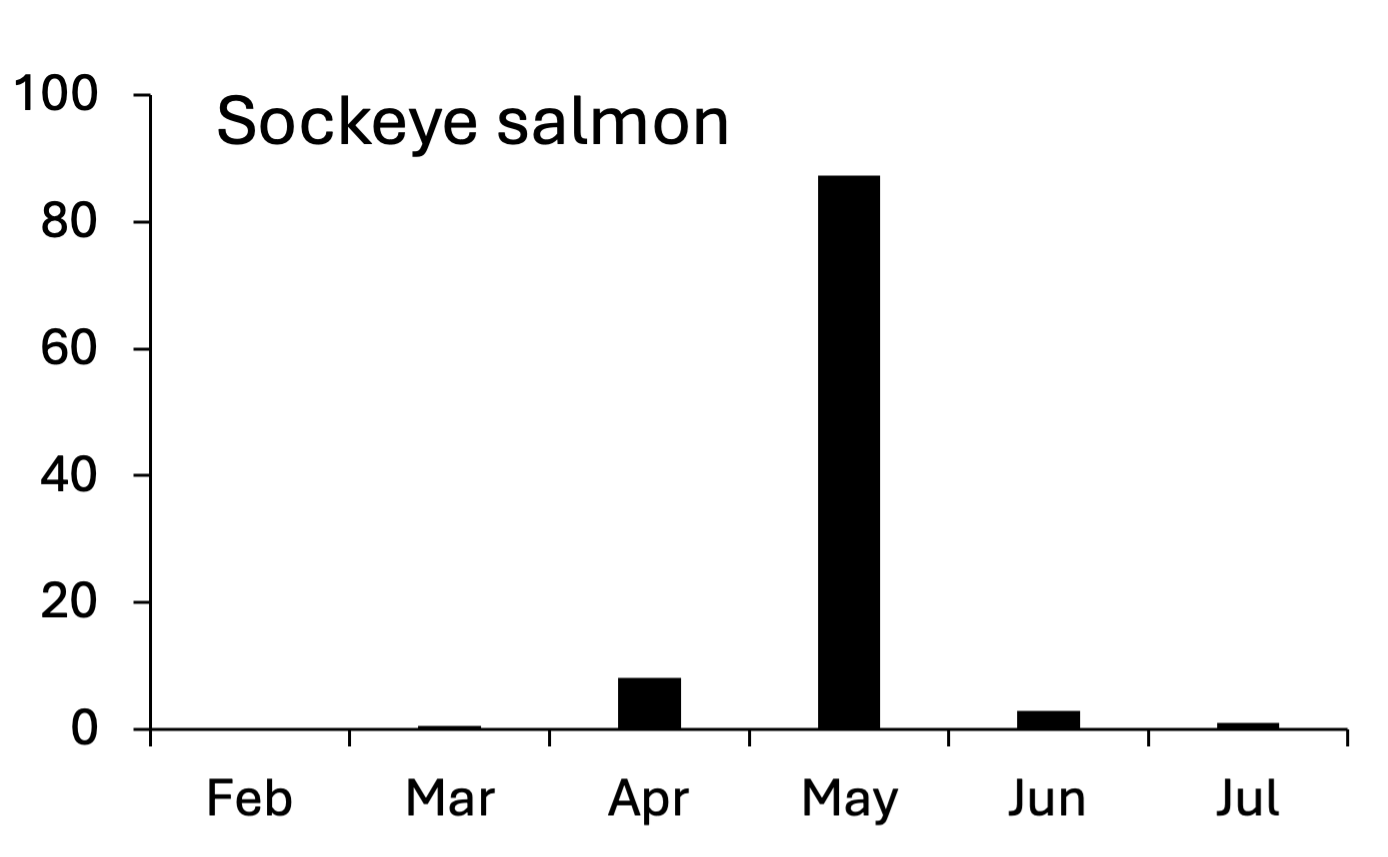 Bar chart showing sockeye salmon smolt migration peaks dramatically in May, with small numbers in April and June, and no activity in other months.