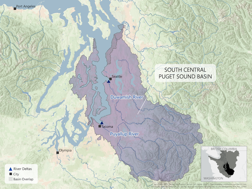 Map of South Central Puget Sound Basin showing Duwamish and Puyallup River deltas near Seattle and Tacoma