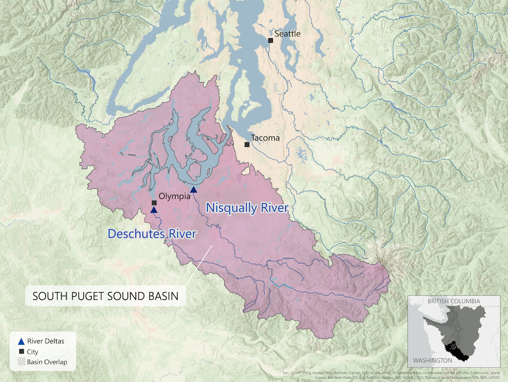 Map of South Puget Sound Basin showing Nisqually and Deschutes River deltas near Olympia