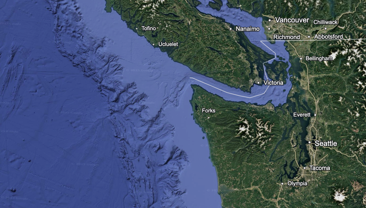 Aerial map of Puget Sound region showing underwater topography of the Pacific Ocean and the Strait of Juan de Fuca, and land with cities including Seattle, Tacoma, Olympia in Washington and Vancouver, Victoria in BC. 