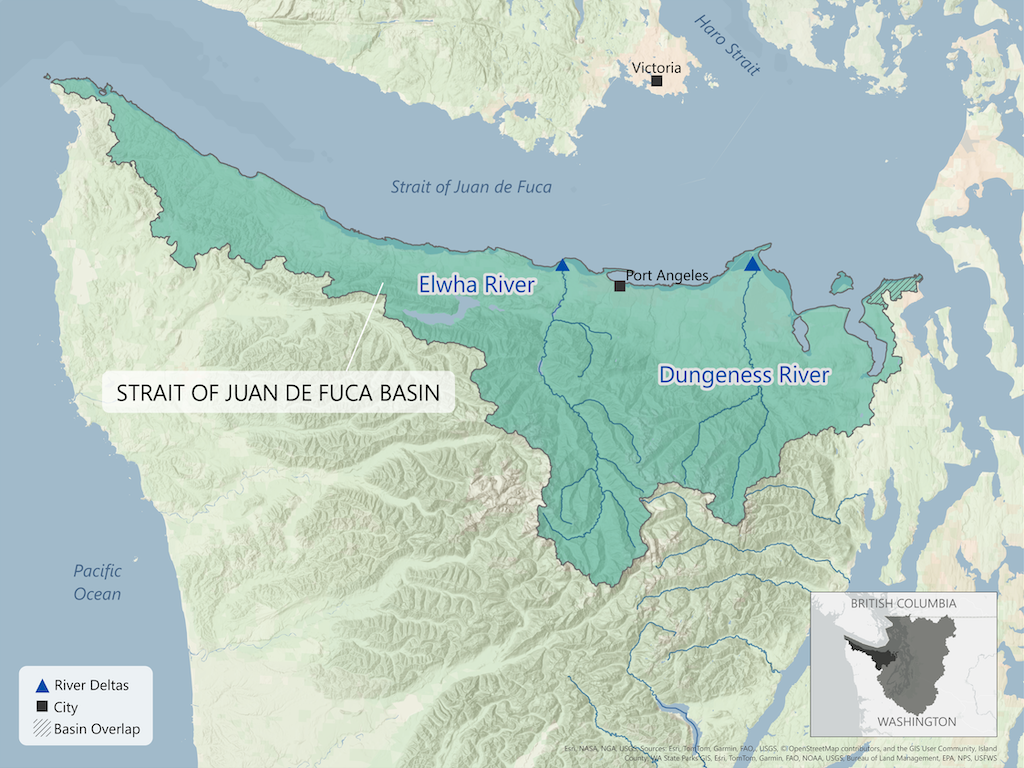 ap of Strait of Juan de Fuca Basin showing Elwha and Dungeness River deltas near Port Angeles