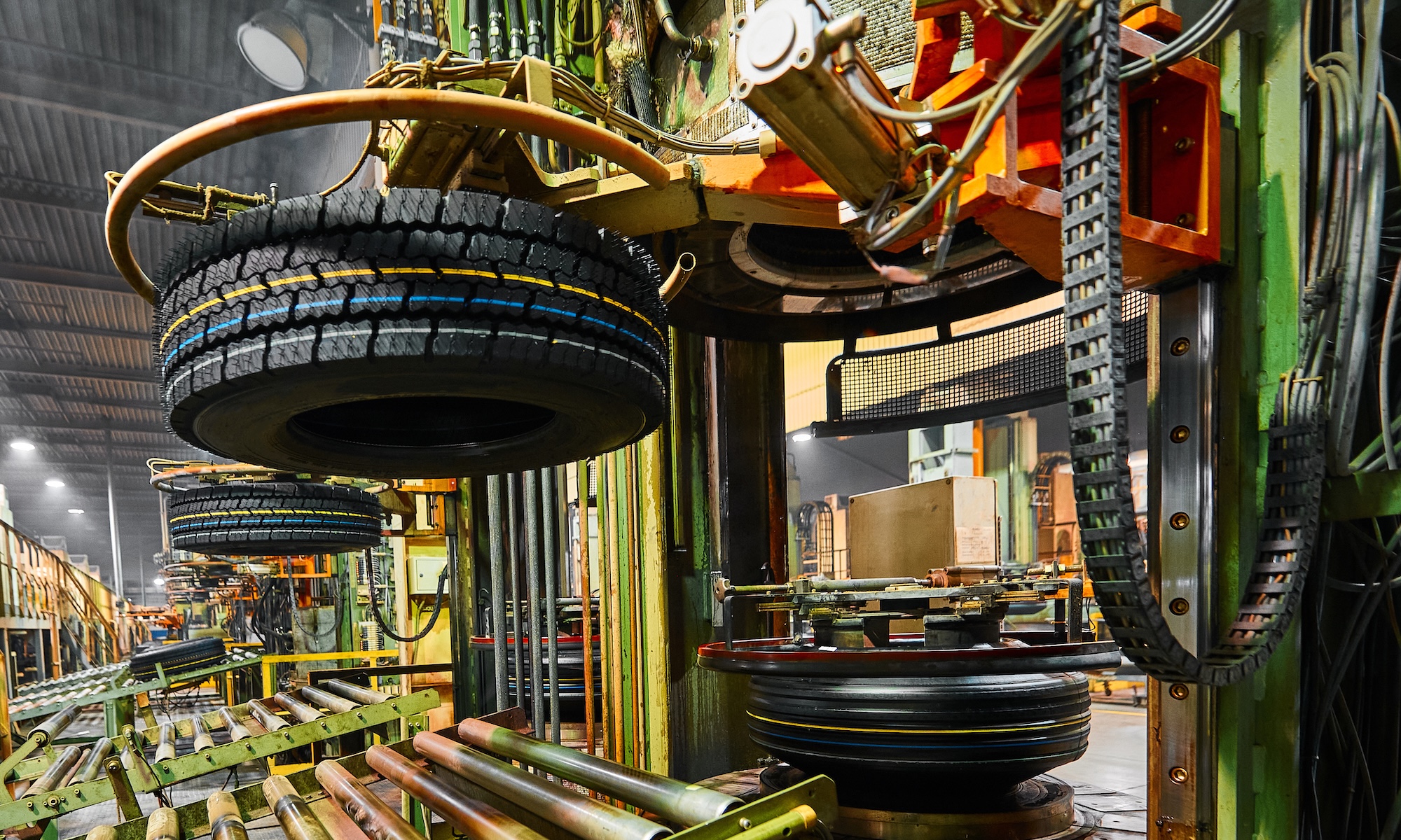 Tire manufacturing facility equipment holding tires