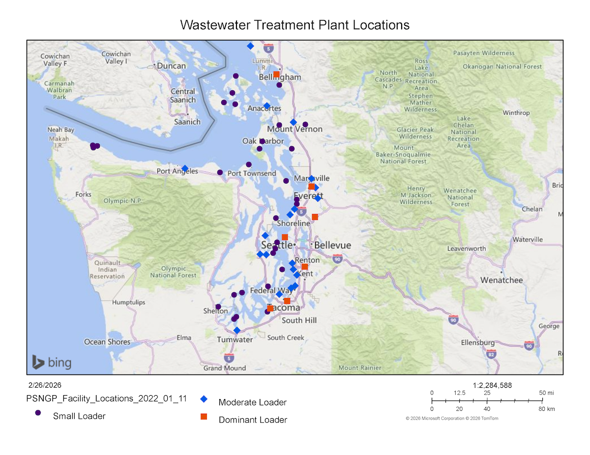 Map of Puget Sound wastewater treatment plant locations showing small, moderate, and dominant loaders marked with symbols.