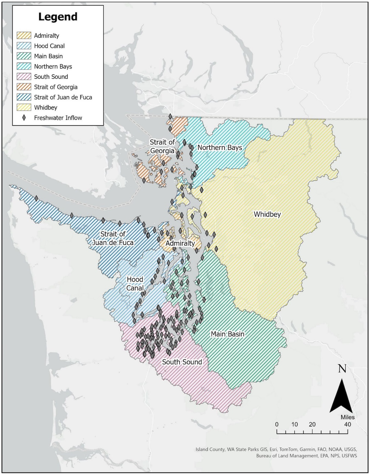 Map of Puget Sound with color-coded regions and freshwater inflow areas, labeled with a legend, scale bar, and north arrow.