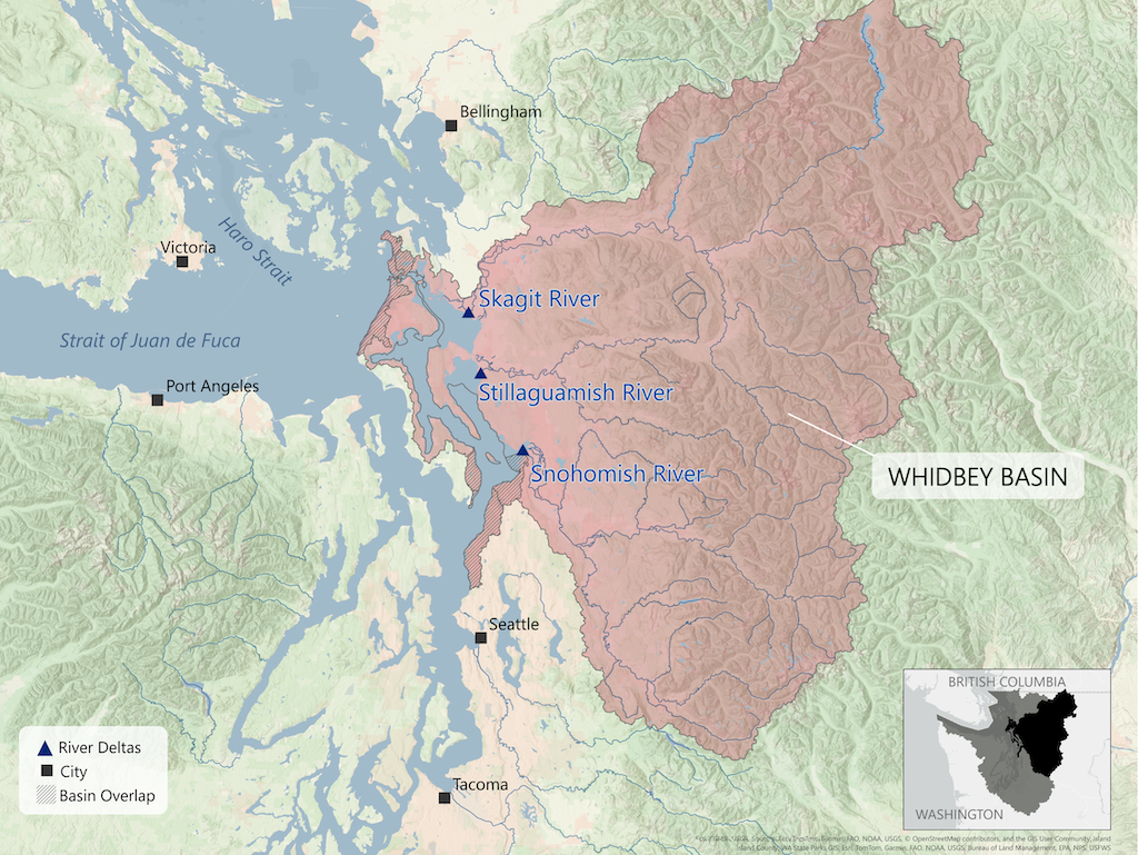 Map of Whidbey Basin showing Skagit, Stillaguamish, and Snohomish River deltas with basin overlap areas marked