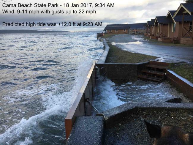 King tide at Cama Beach State Park, Jan 18, 2017. Photo: ConwaySuz (CC BY-NC-ND 2.0) https://www.flickr.com/photos/15606681@N03/32671342575