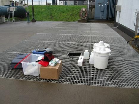 Sampling effluent at the Vancouver Westside Wastewater Treatment Plant, Washington, December 2008.