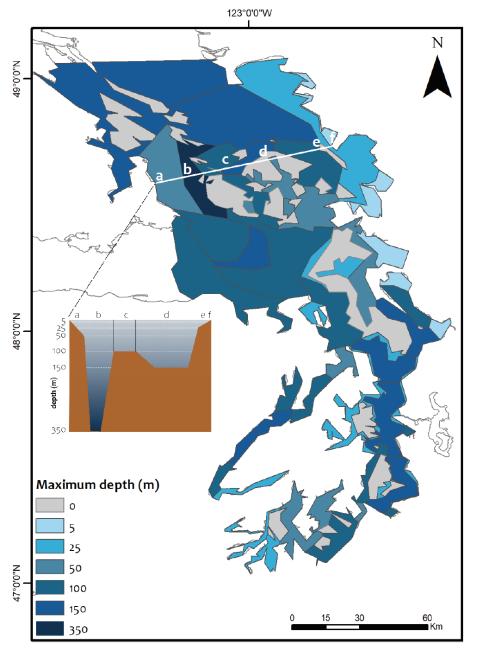 Atlantis depth structure map Map from Atlantis Model for Puget Sound, showing maximum depth for each polygon and profile through the San Juan Islands.