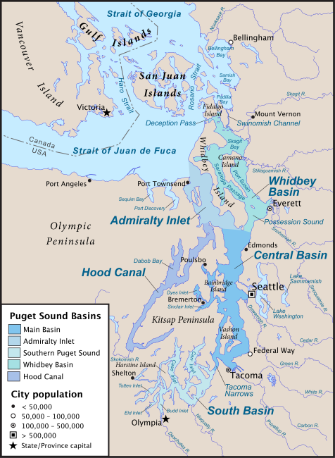 Map of Puget Sound and its main basins. Based on GeoBase and The National Map data. Credit: Pfly (CC BY-SA 3.0)