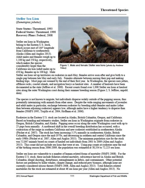Screenshot of WDFW Steller Sea Lion status report Screenshot of WDFW Steller Sea Lion status report