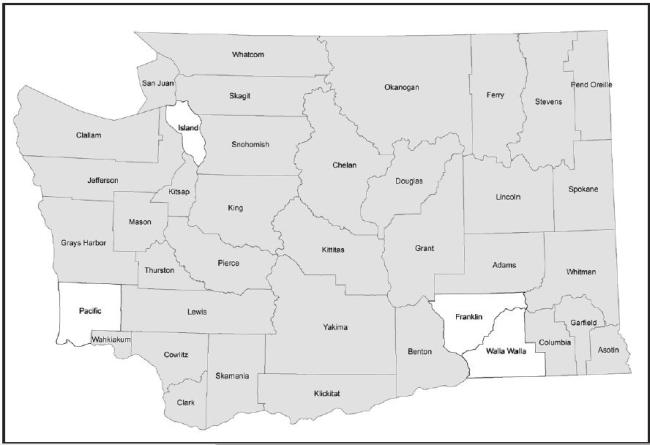 Map showing Pacific, Island, Franklin, and Walla Walla counties within Washington state