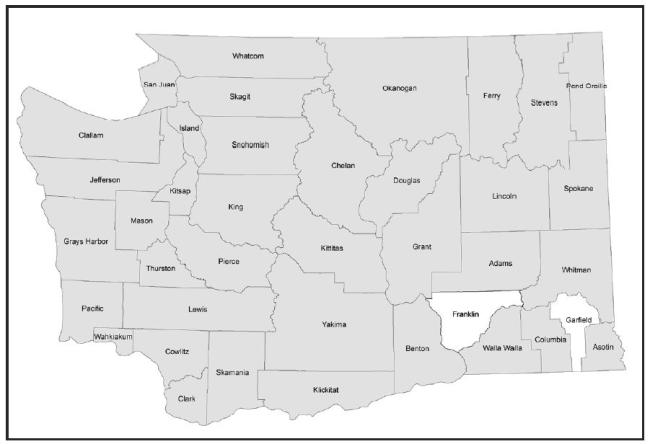 Map showing Franklin and Garfield counties within Washington state