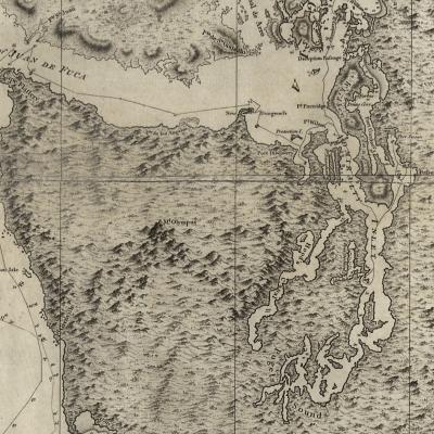 Puget Sound portion of a 1798 chart showing "part of the coast of N.W. America : with the tracks of His Majesty's sloop Discovery and armed tender Chatham / commanded by George Vancouver, Esqr. and prepared under his immediate inspection by Lieut. Joseph Baker." Credit: Library of Congress, Geography and Map Division.